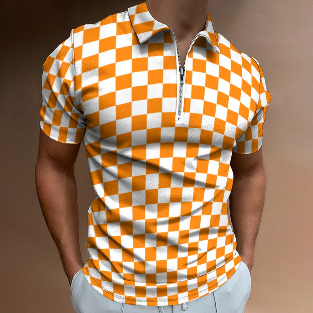 Checkerboard Short sleeve zipper polo shirt