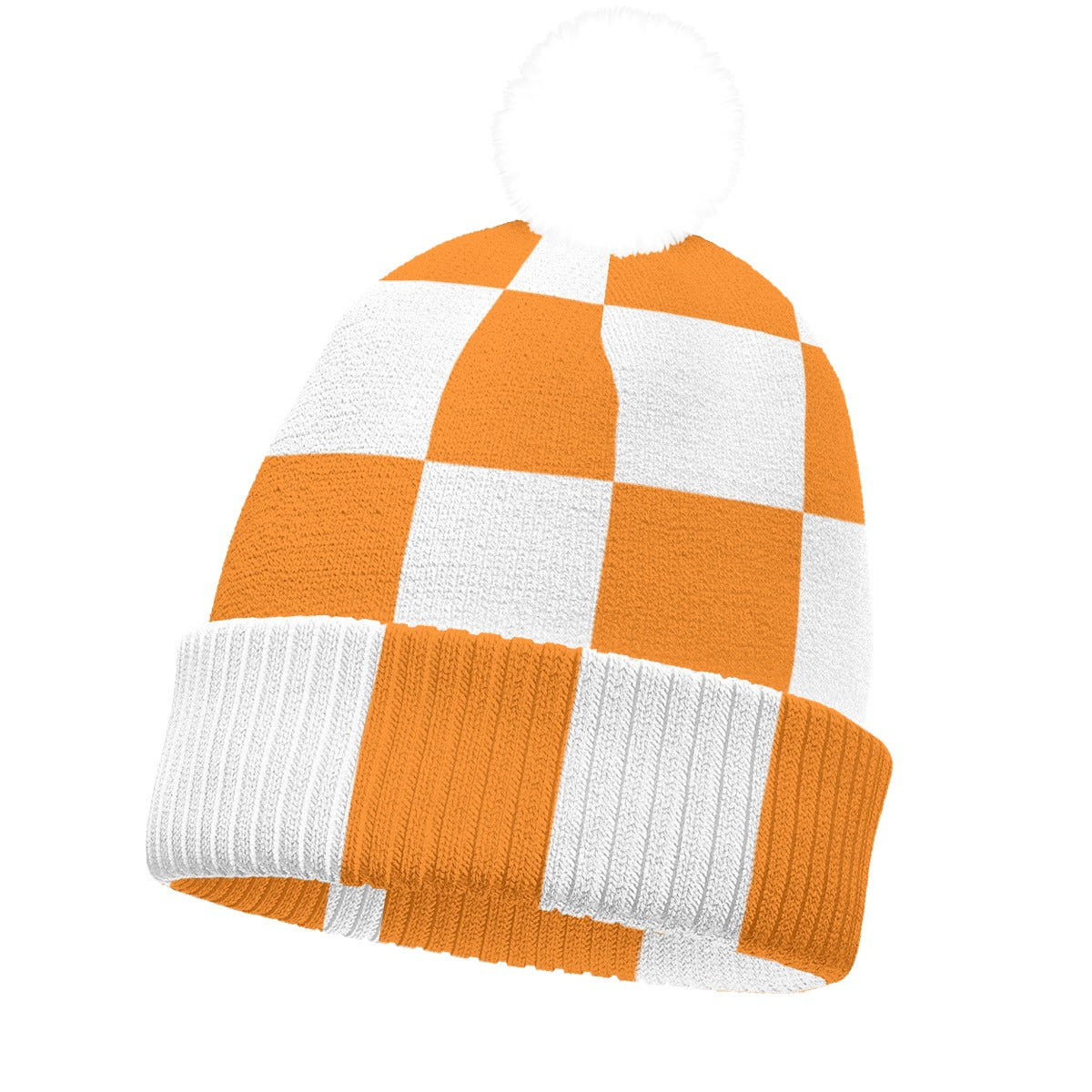 Orange and White Checkerboard Knit Beanie – Double-Sided Cozy Winter Hat
