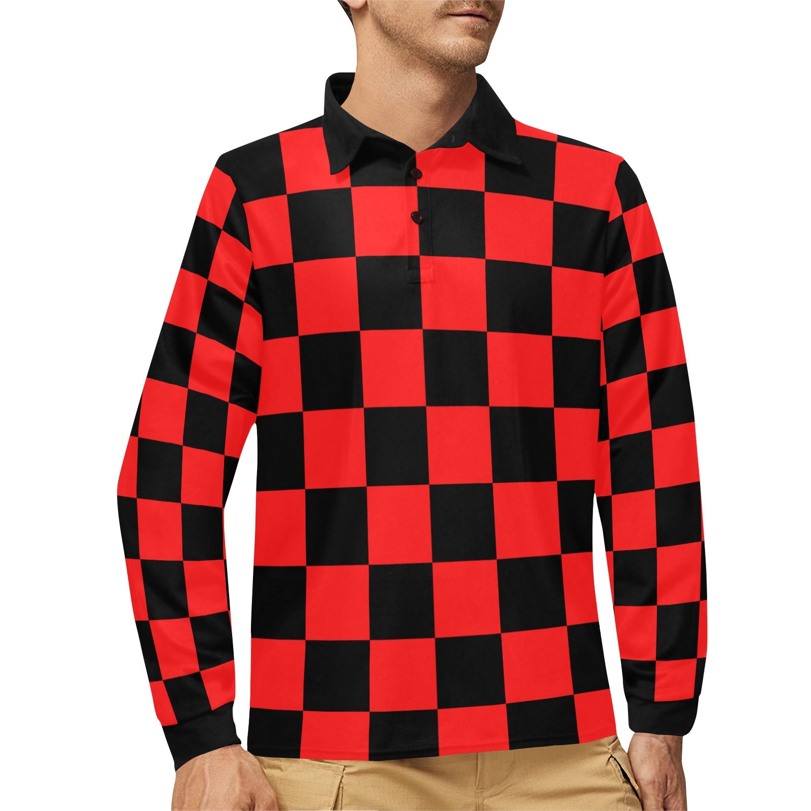 Men's Long Sleeve Checkerboard Polo Shirt
