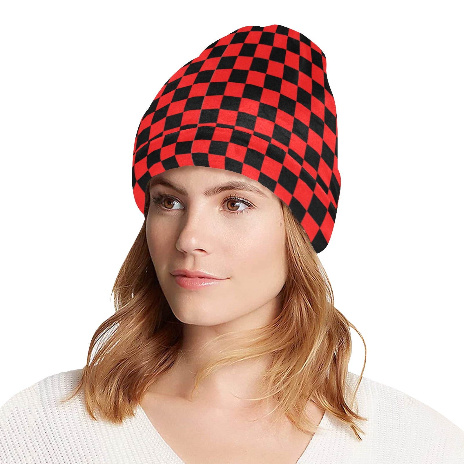 Red Checkerbaord Beanie for Adults