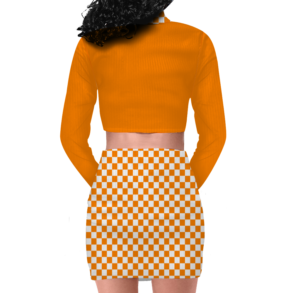 Checkerboard Two Piece Skirt Set Long Sleeve Zip Up Top