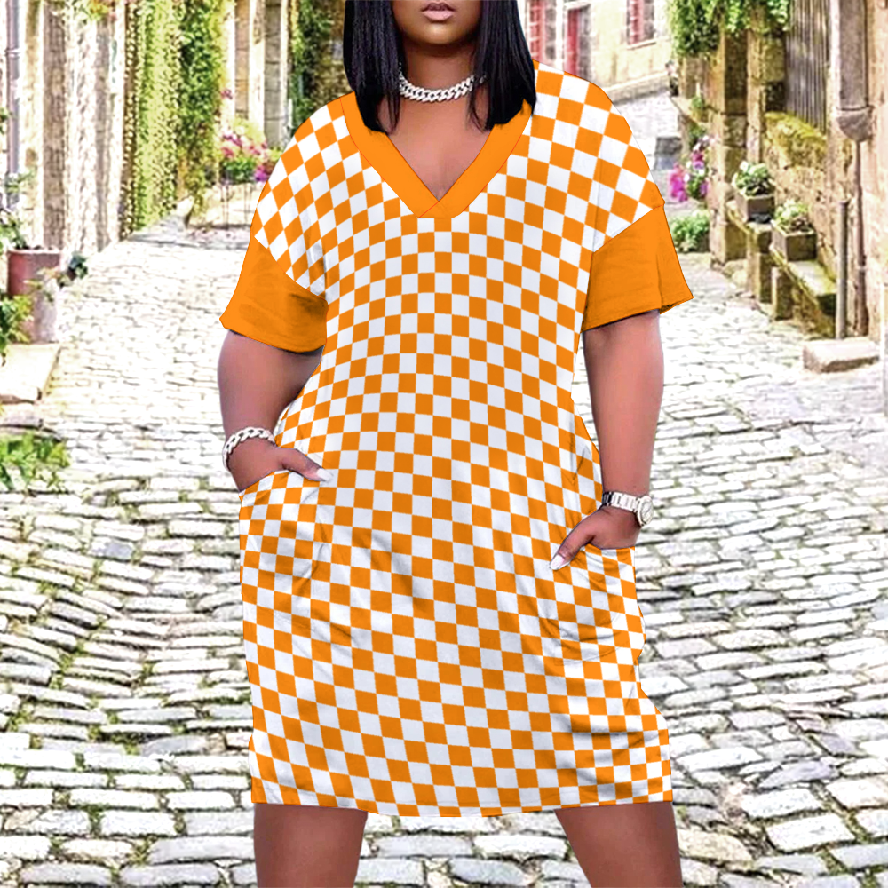 Checkerboard V-neck Loose Dress with Pockets