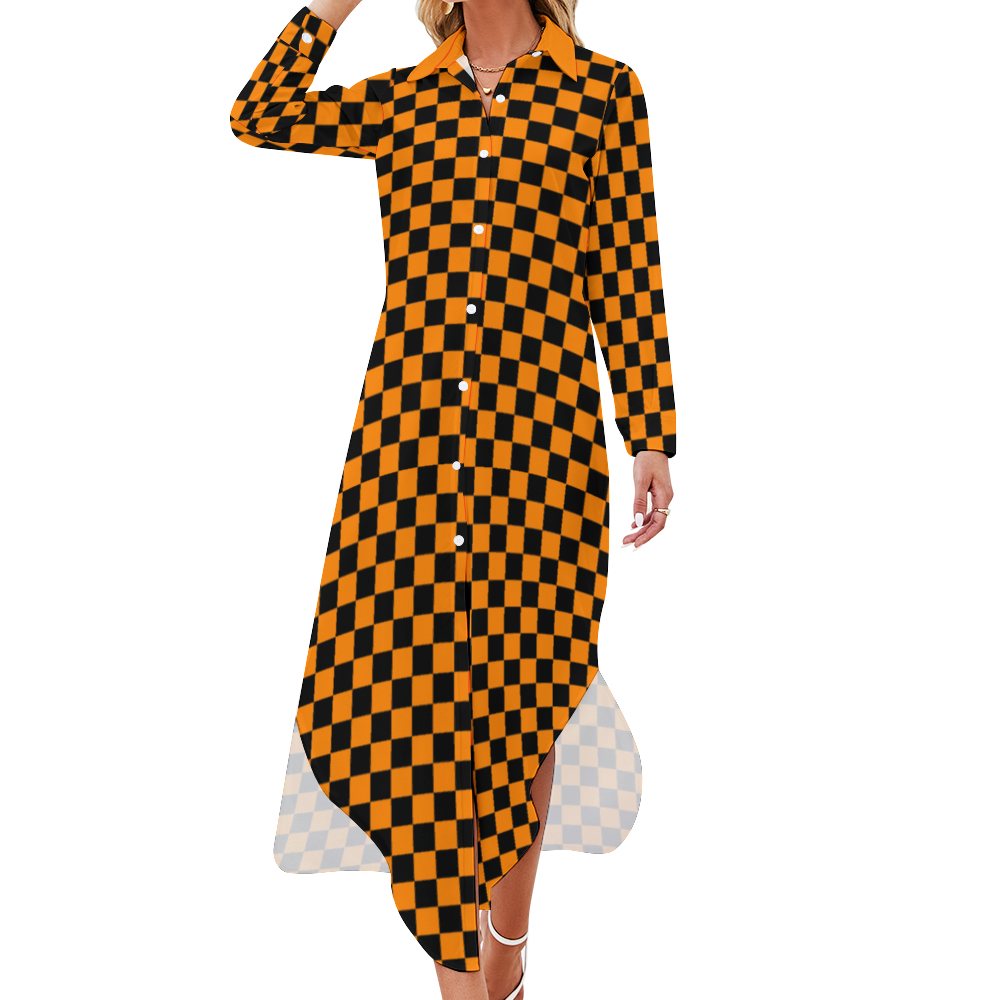 Checkerboard Long Sleeves Button Up Shirt Dress