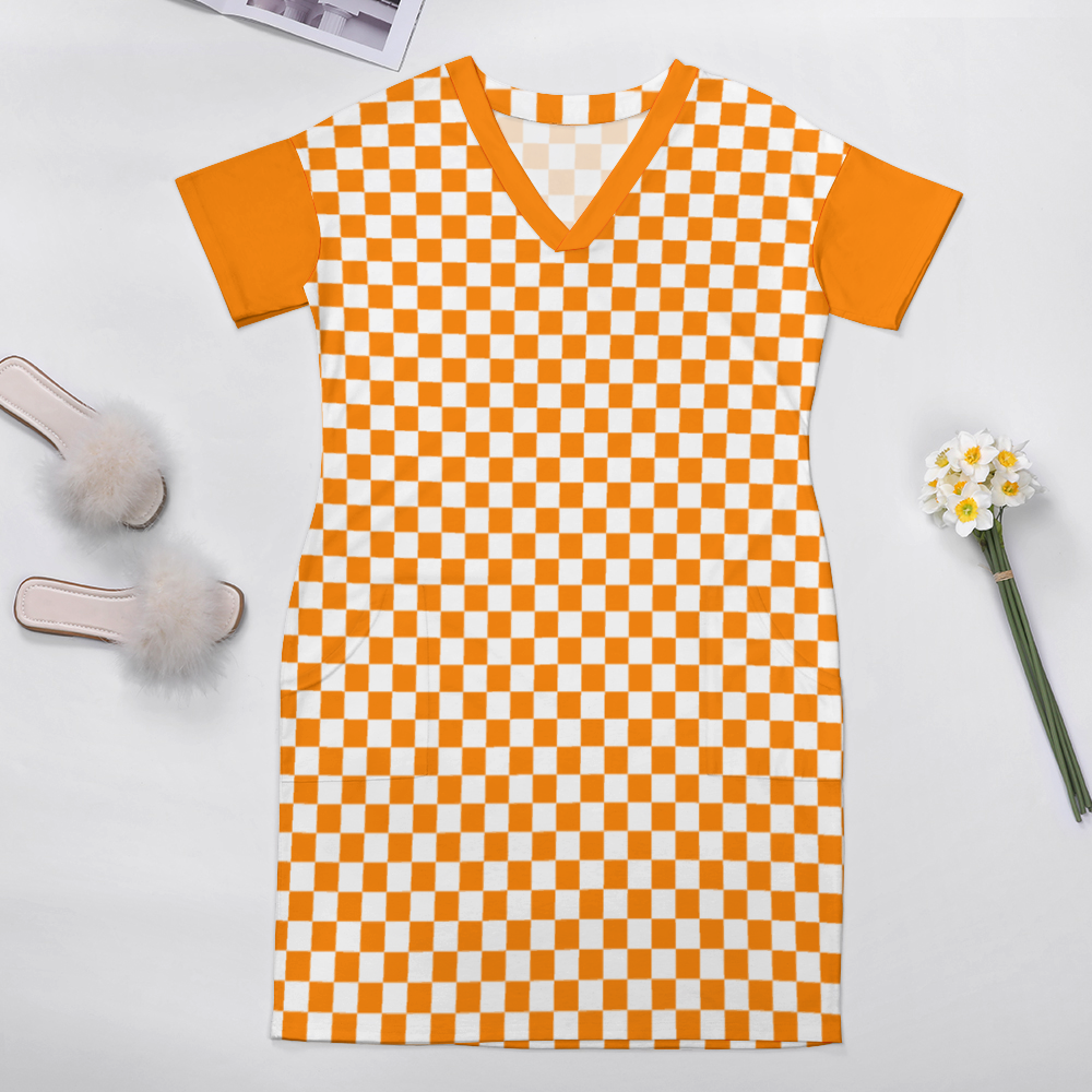 Checkerboard V-neck Loose Dress with Pockets