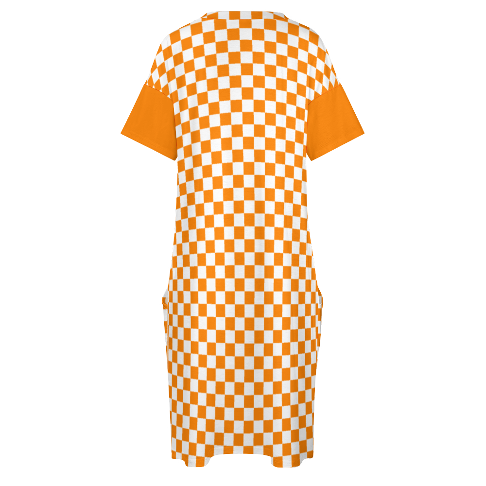 Checkerboard V-neck Loose Dress with Pockets