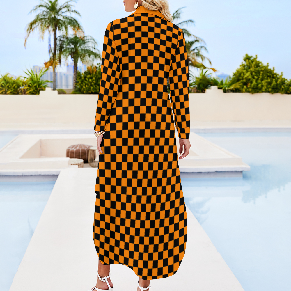 Checkerboard Long Sleeves Button Up Shirt Dress