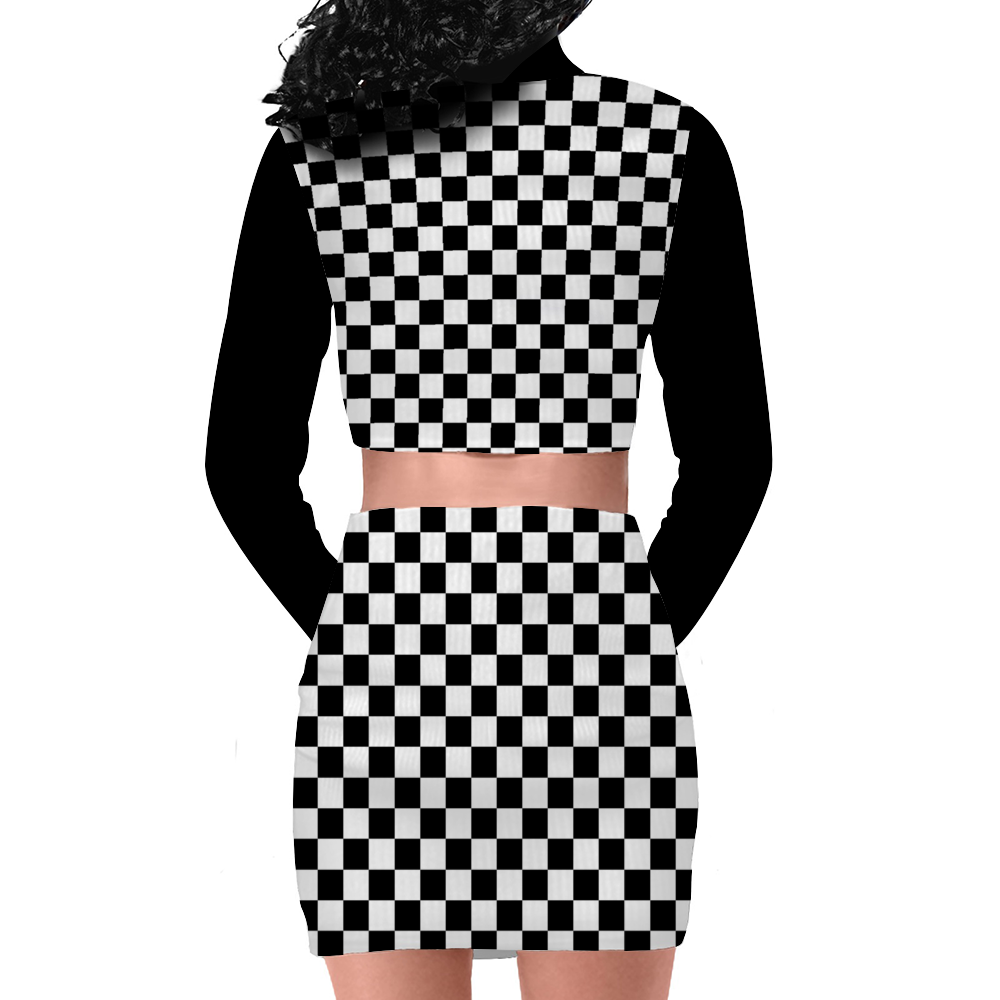 Women's Two Piece Outfit Long Sleeve Zip Up Top and Mini Skirt Set