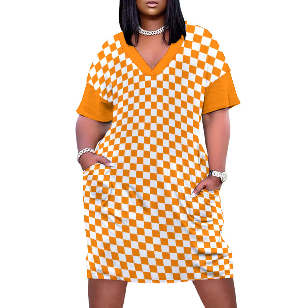 Checkerboard V-neck Loose Dress with Pockets
