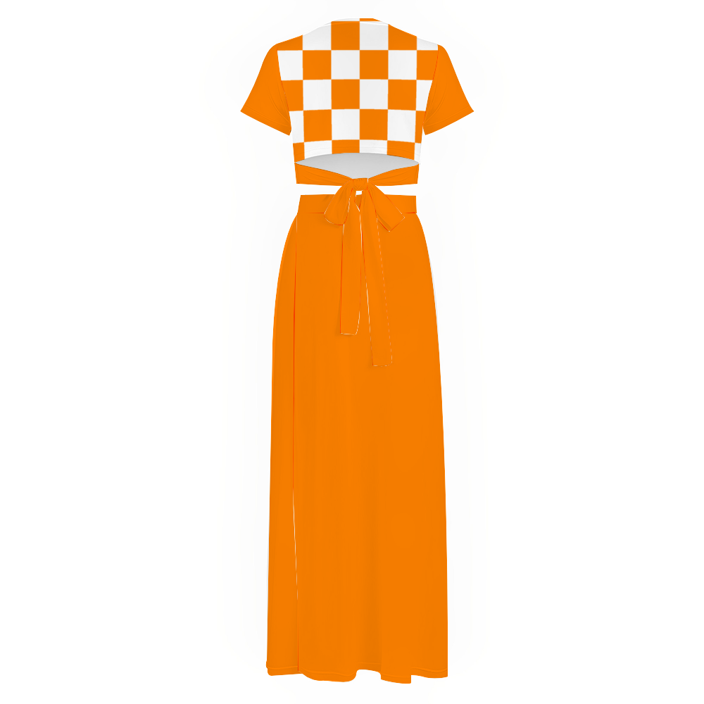 Checkerboard Women's Two Piece Outfit V-Neck Top and Long Skirt Set