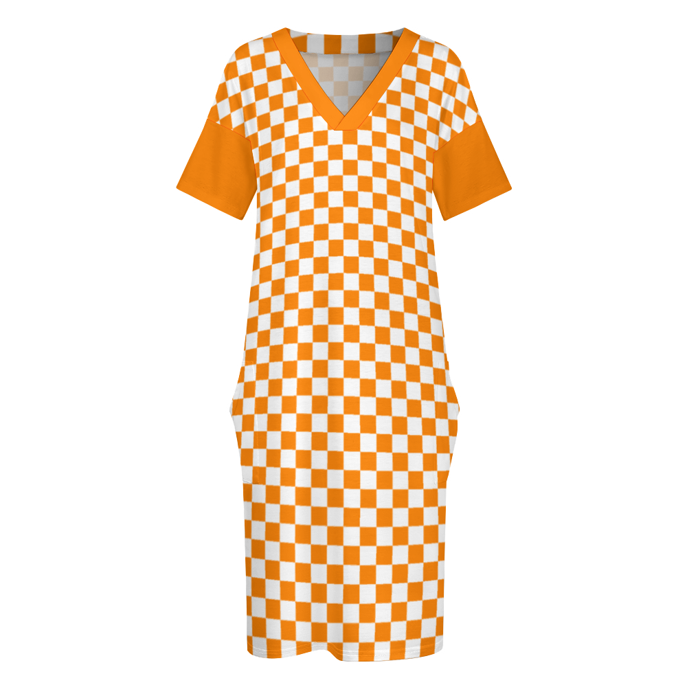 Checkerboard V-neck Loose Dress with Pockets