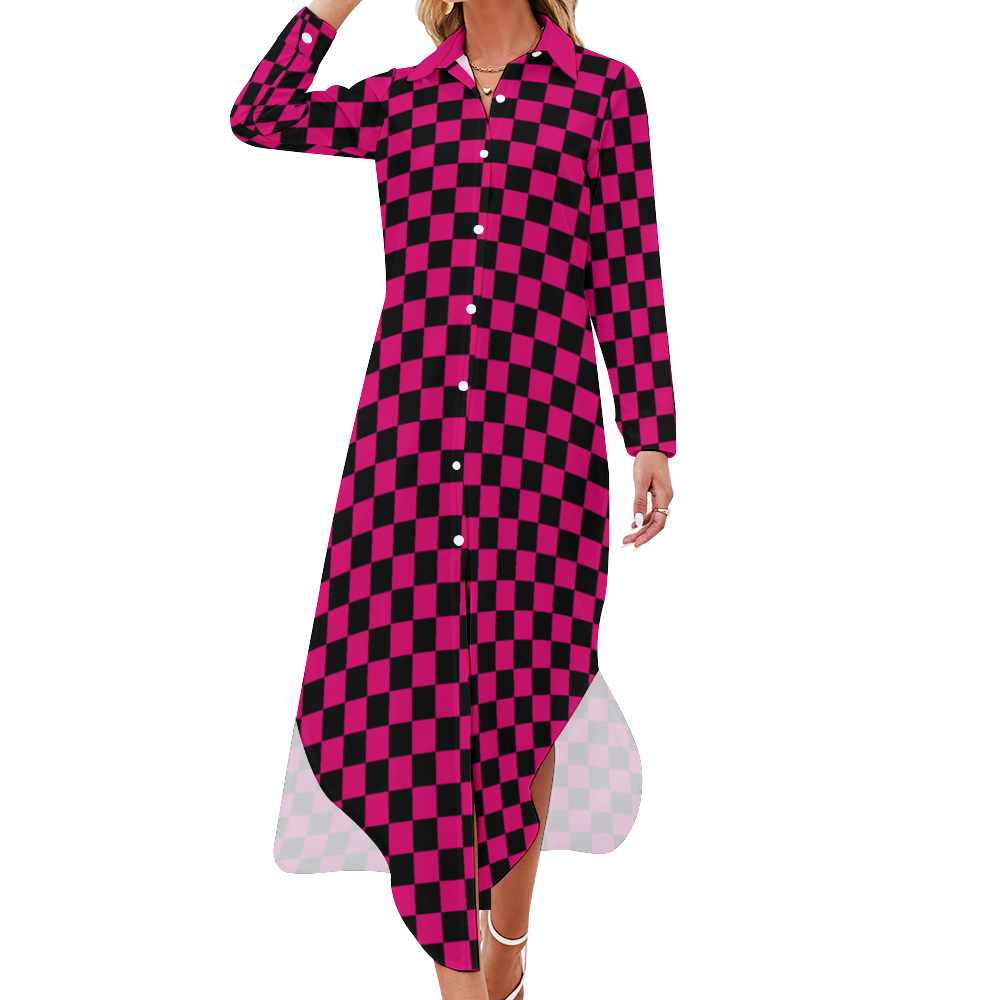 Checkerboard Long Sleeves Button Up Shirt Dress