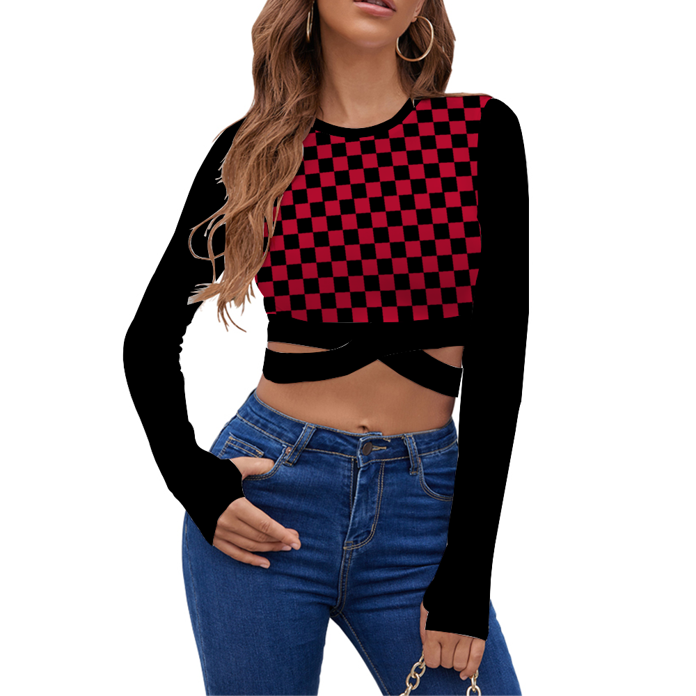 Checkerboard Long Sleeve Cropped Top