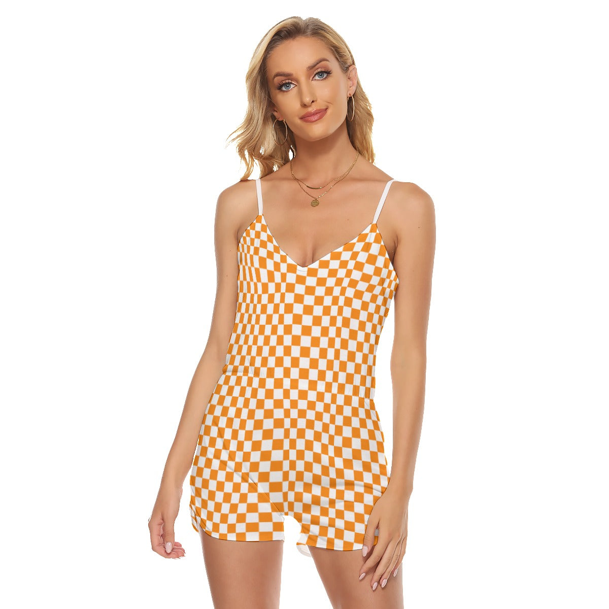 Checkerboard V-neck Cami Romper