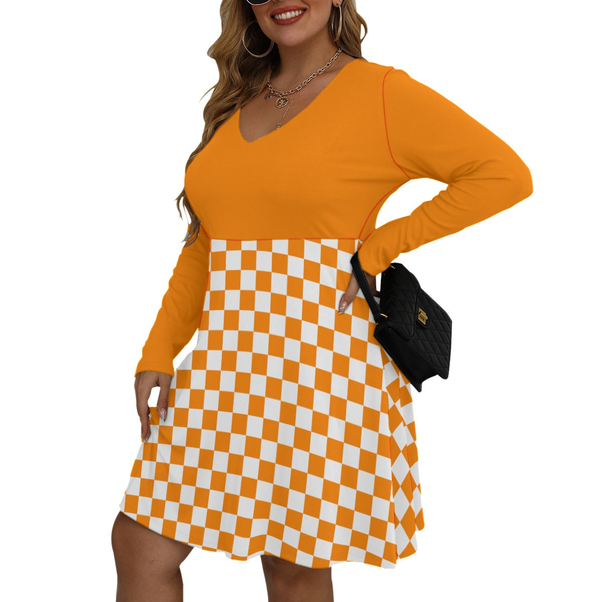 Checkerboard Women's V-neck Long Sleeve Dress(Plus Size)