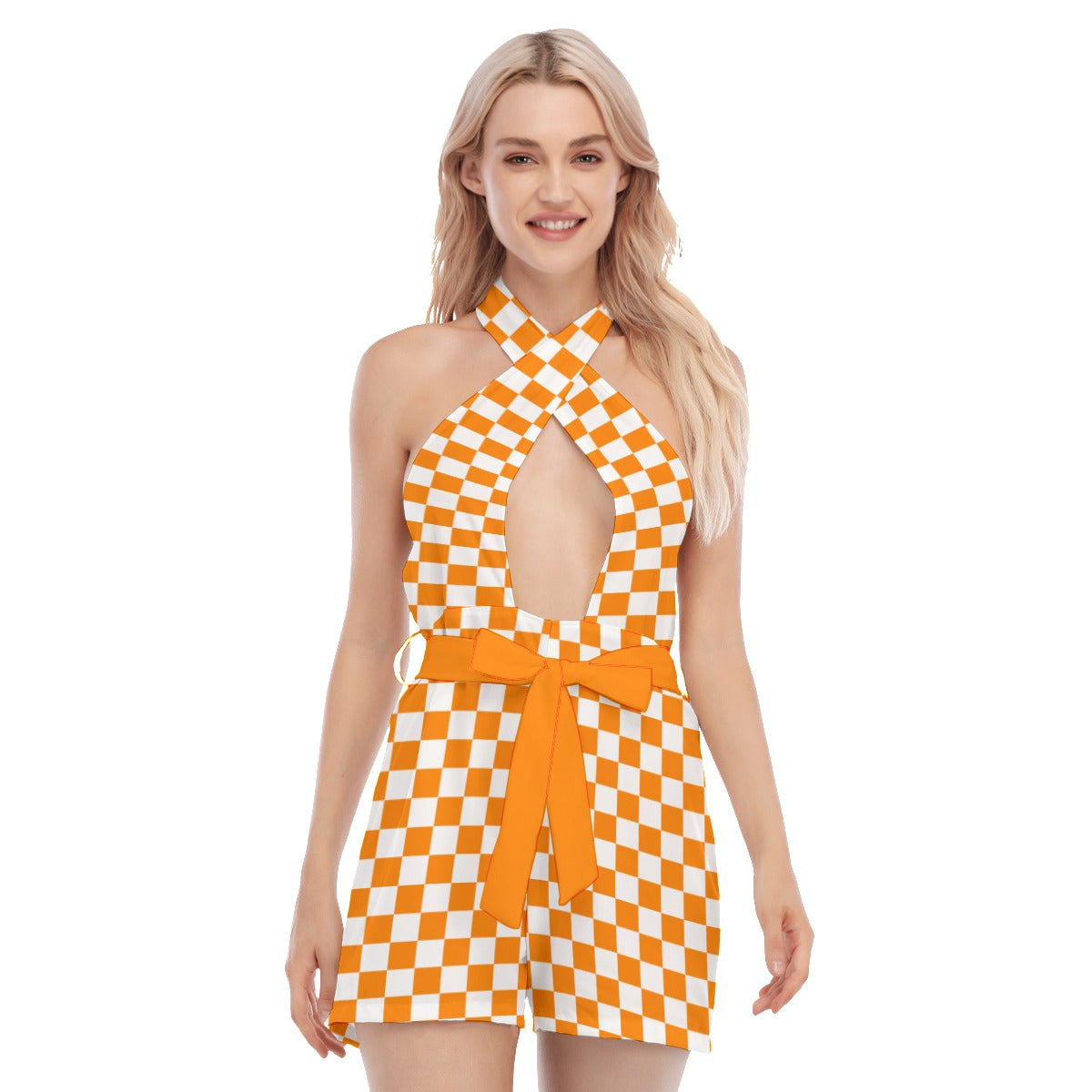 Checkerboard Sexy Cross Collar Romper