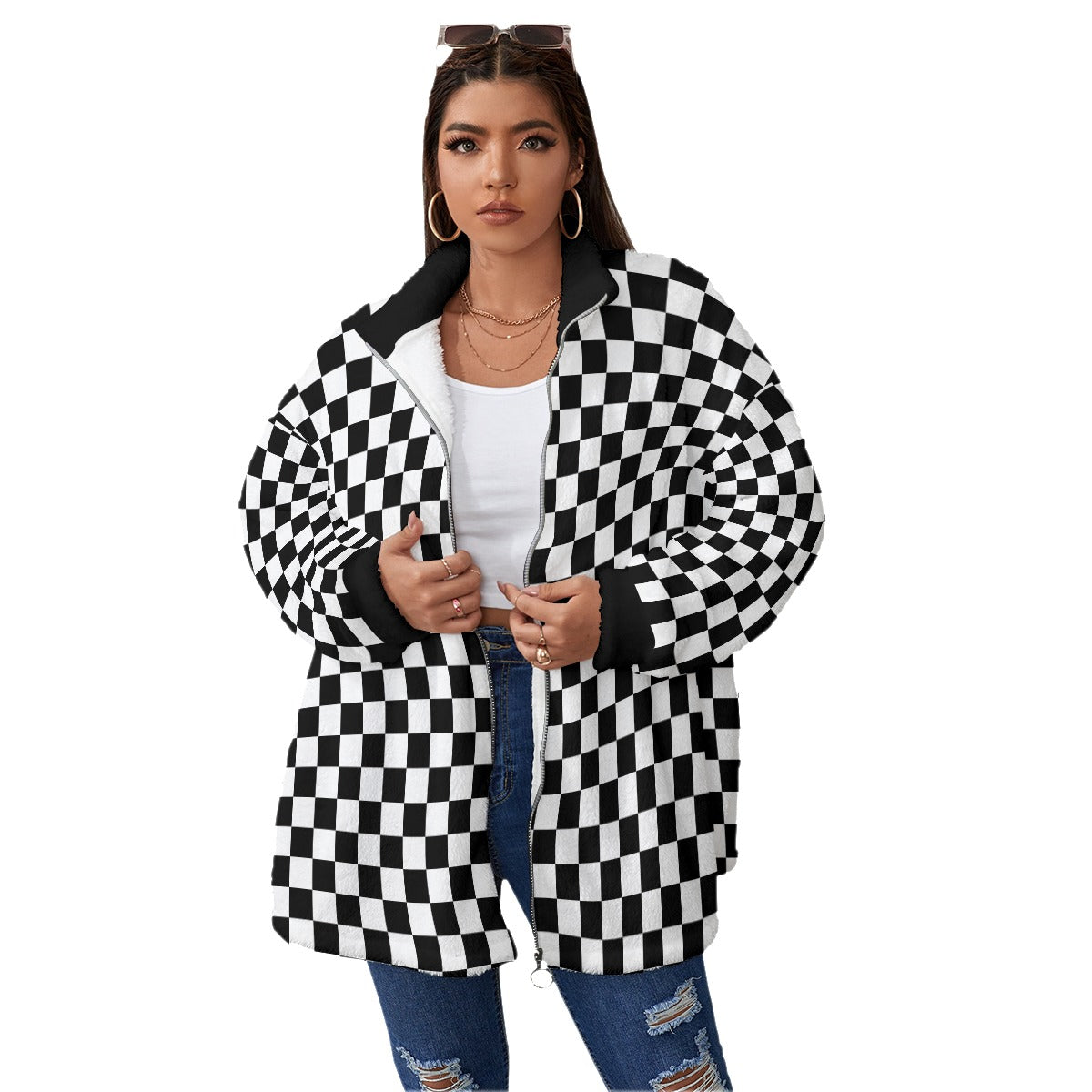 Checkerboard Women's Borg Fleece Stand-up Collar Coat With Zipper Closure(Plus Size)