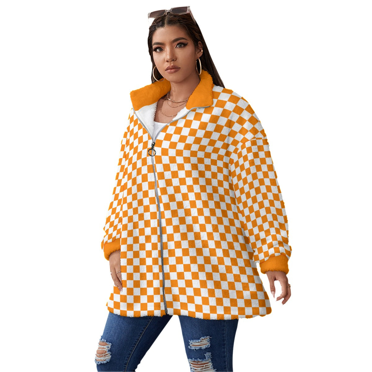 Checkerboard Borg Fleece Stand-up Collar Jacket With Zipper Closure(Plus Size)