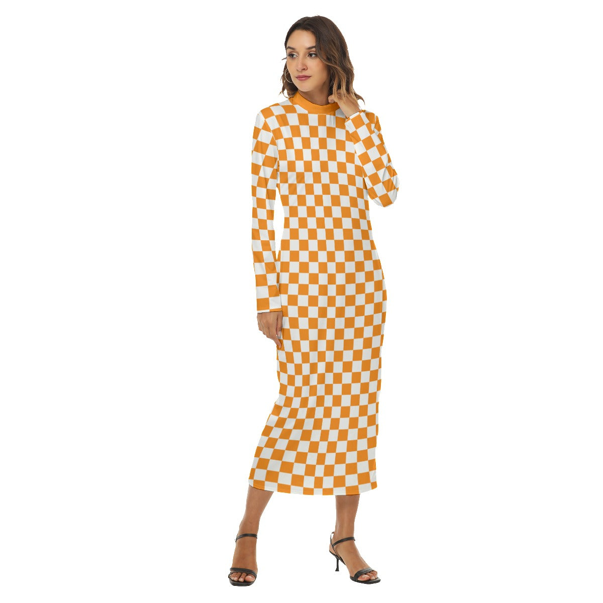 Checkerboard Mock Turtleneck Hip Dress