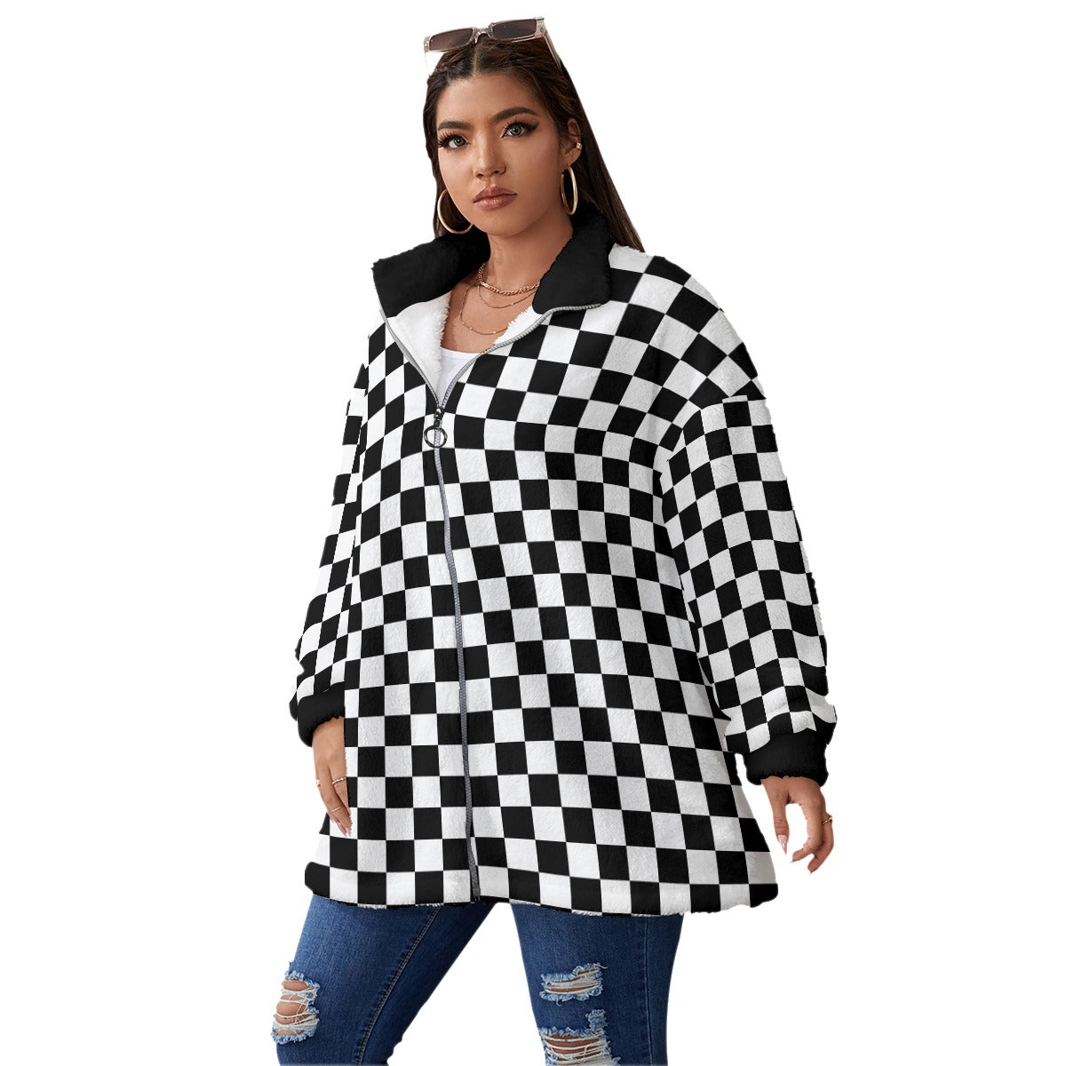 Checkerboard Women's Borg Fleece Stand-up Collar Coat With Zipper Closure(Plus Size)