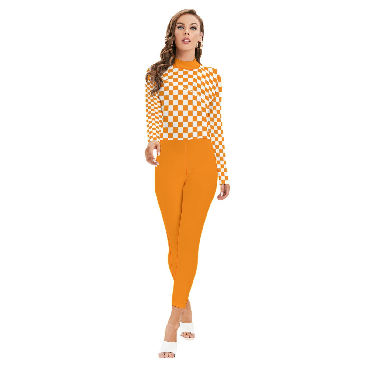 Checkerboard Long-sleeved High-neck Jumpsuit With Zipper