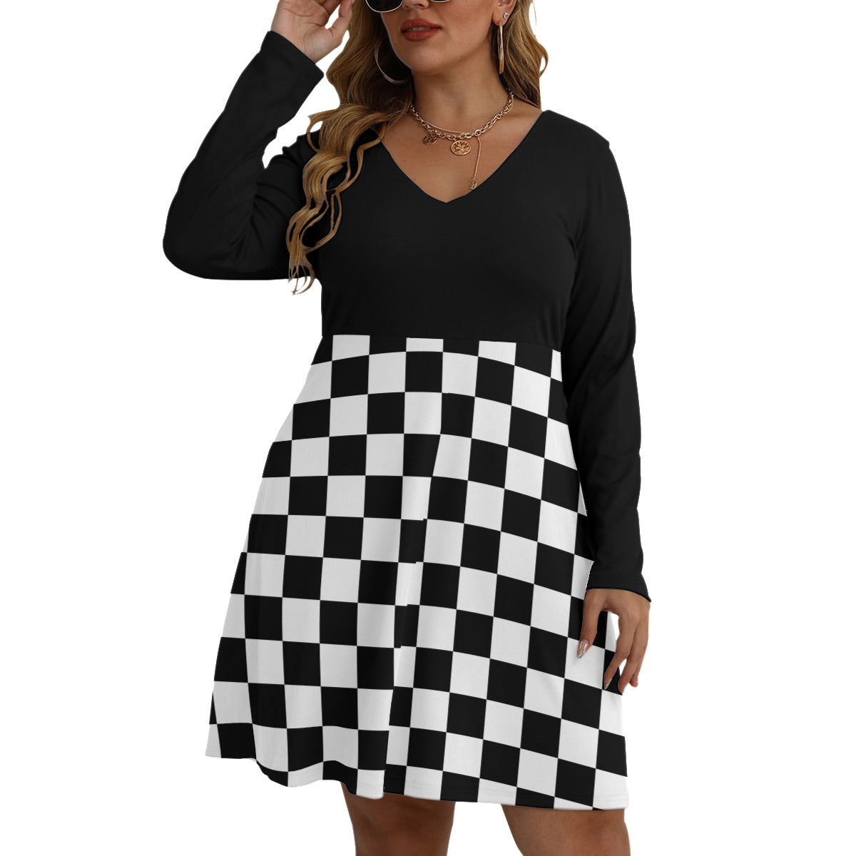 Checkerboard Women's V-neck Long Sleeve Dress(Plus Size)