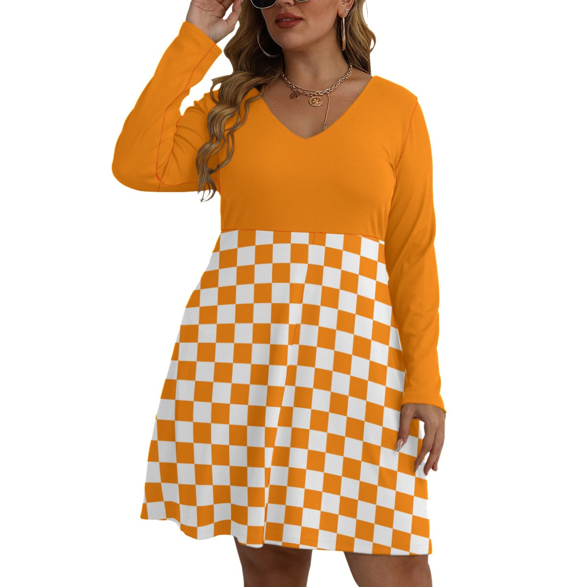 Checkerboard Women's V-neck Long Sleeve Dress(Plus Size)
