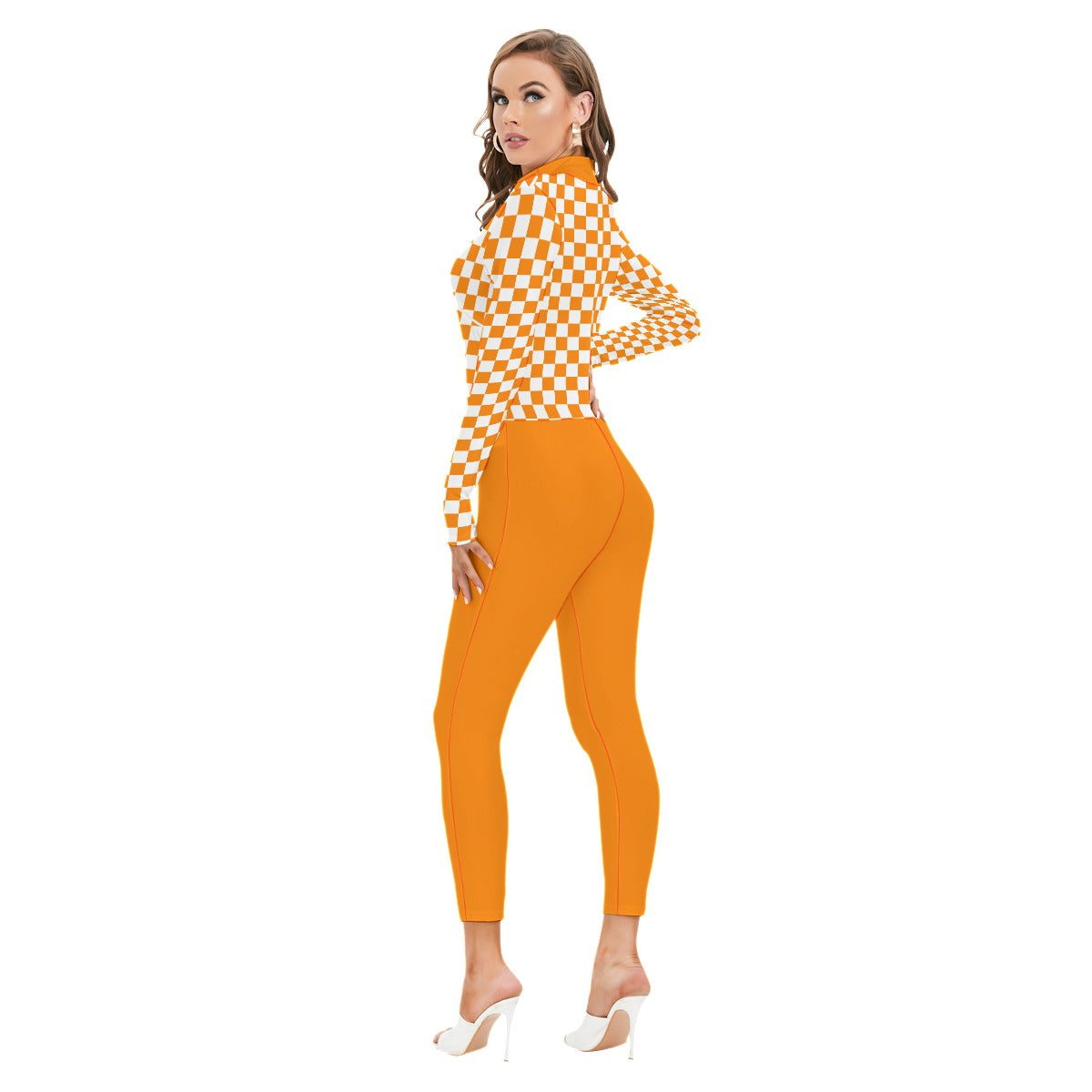 Checkerboard Long-sleeved High-neck Jumpsuit With Zipper