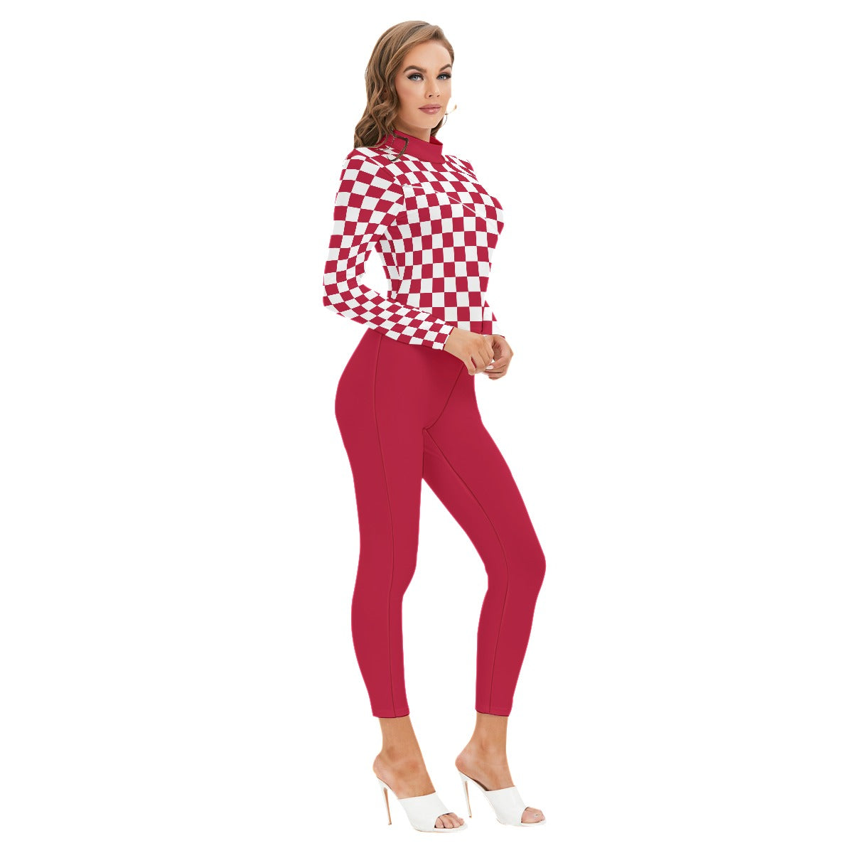 Checkerboard Women's Long-sleeved High-neck Jumpsuit With Zipper