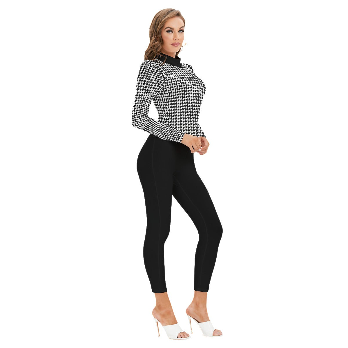Checkerboard Women's Long-sleeved High-neck Jumpsuit With Zipper