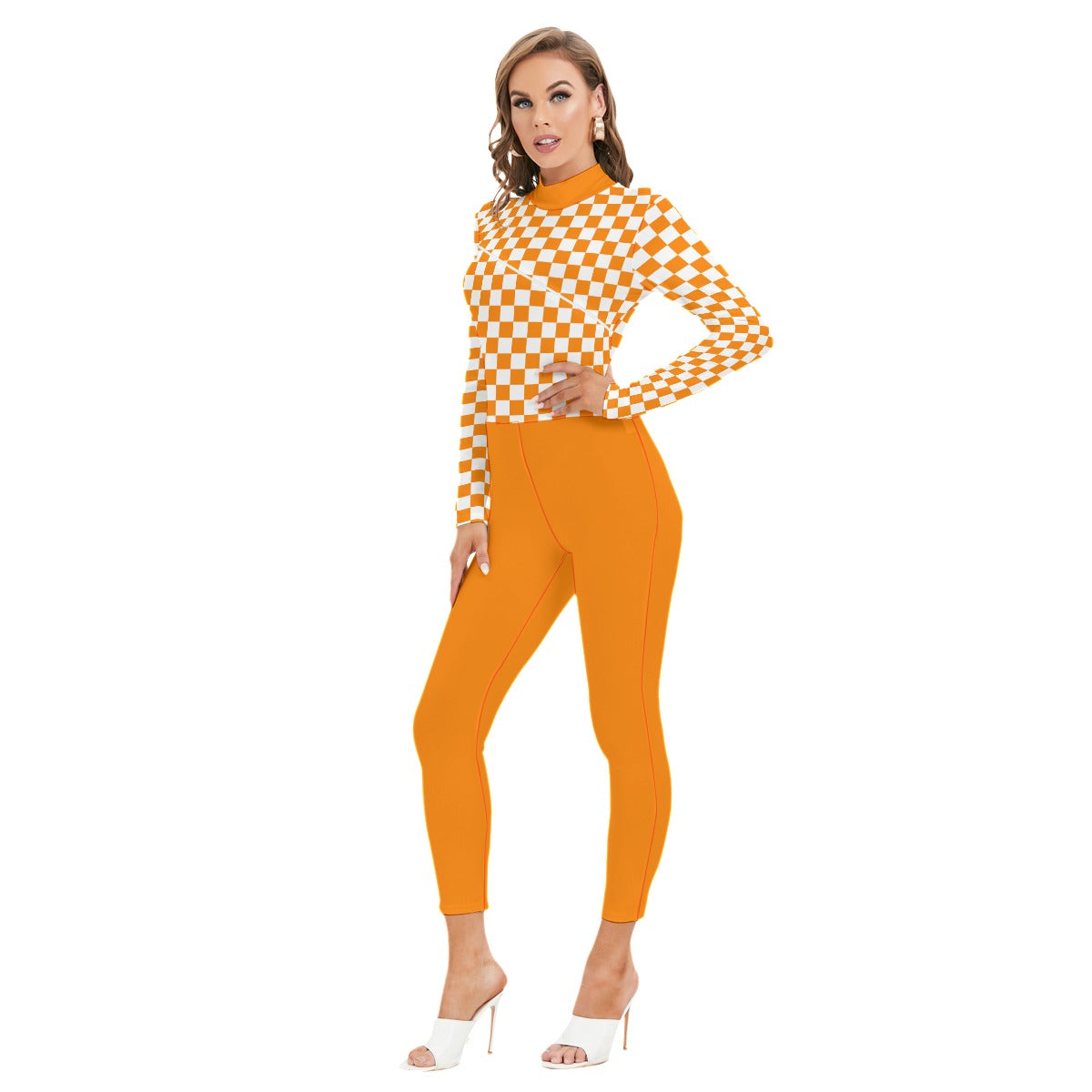 Checkerboard Long-sleeved High-neck Jumpsuit With Zipper