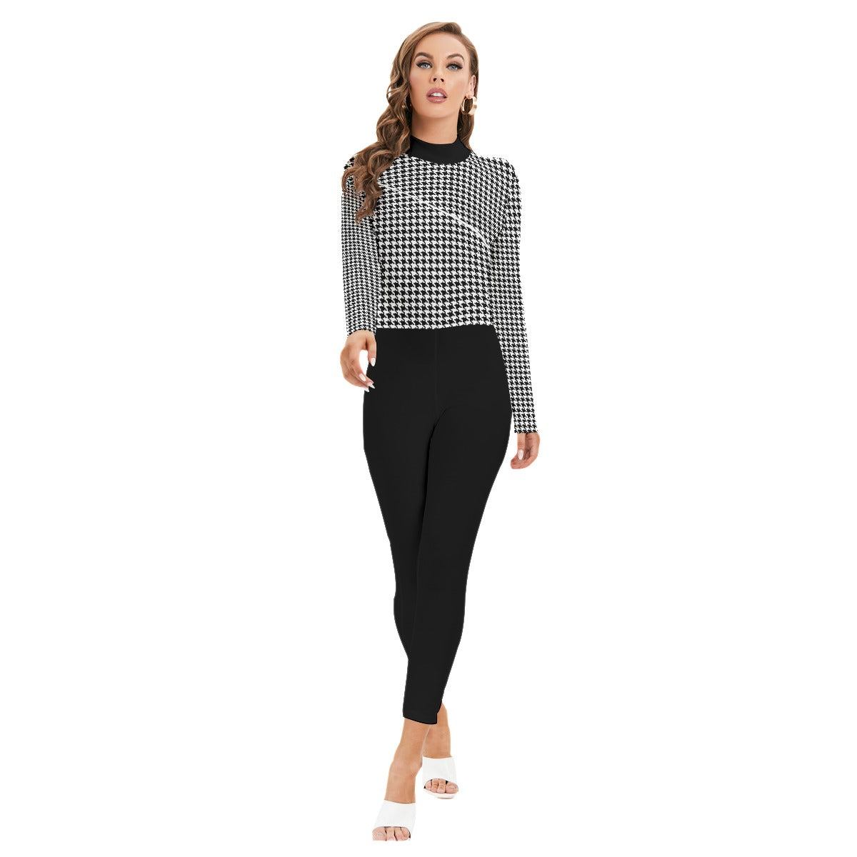 Checkerboard Women's Long-sleeved High-neck Jumpsuit With Zipper