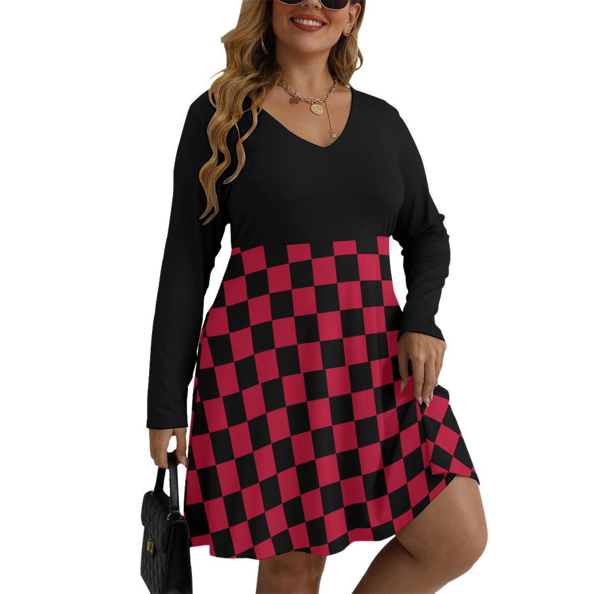 Checkerboard Women's V-neck Long Sleeve Dress(Plus Size)