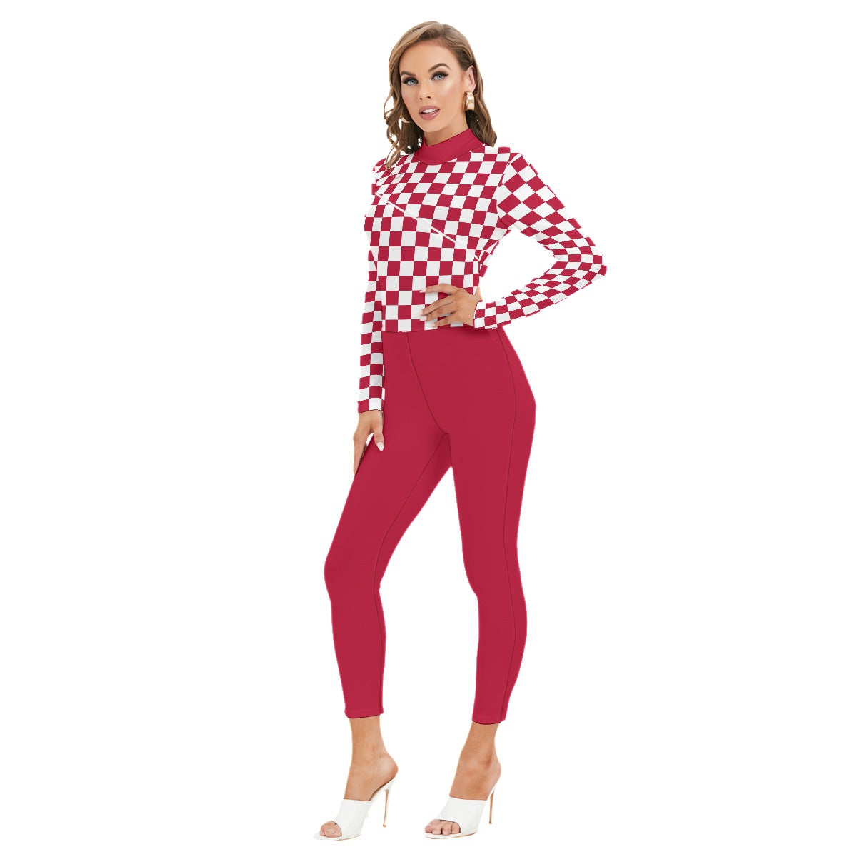 Checkerboard Women's Long-sleeved High-neck Jumpsuit With Zipper