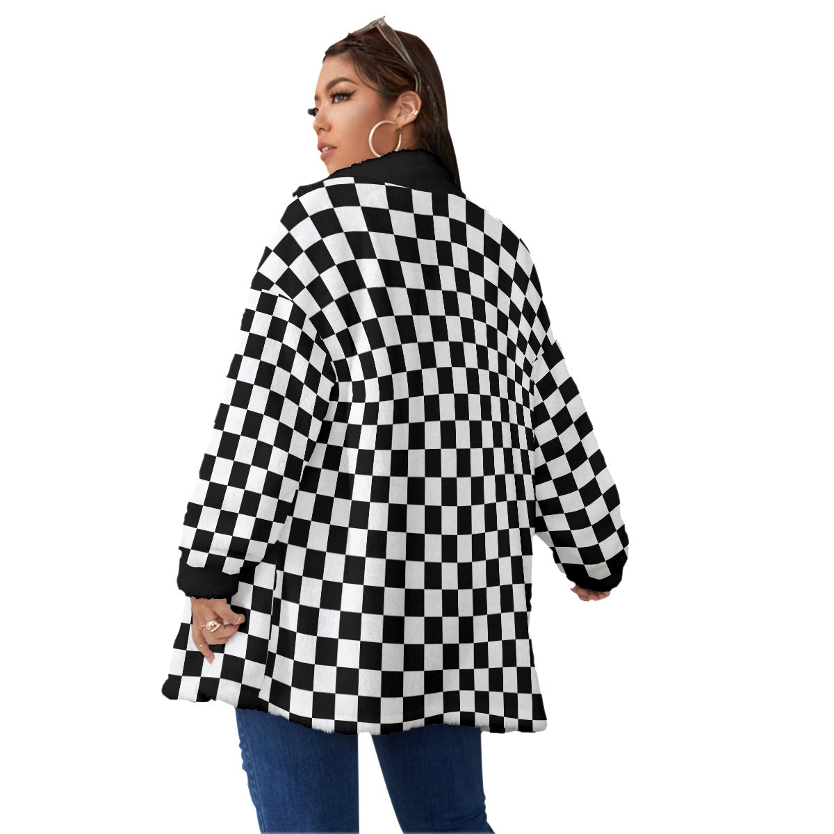 Checkerboard Women's Borg Fleece Stand-up Collar Coat With Zipper Closure(Plus Size)