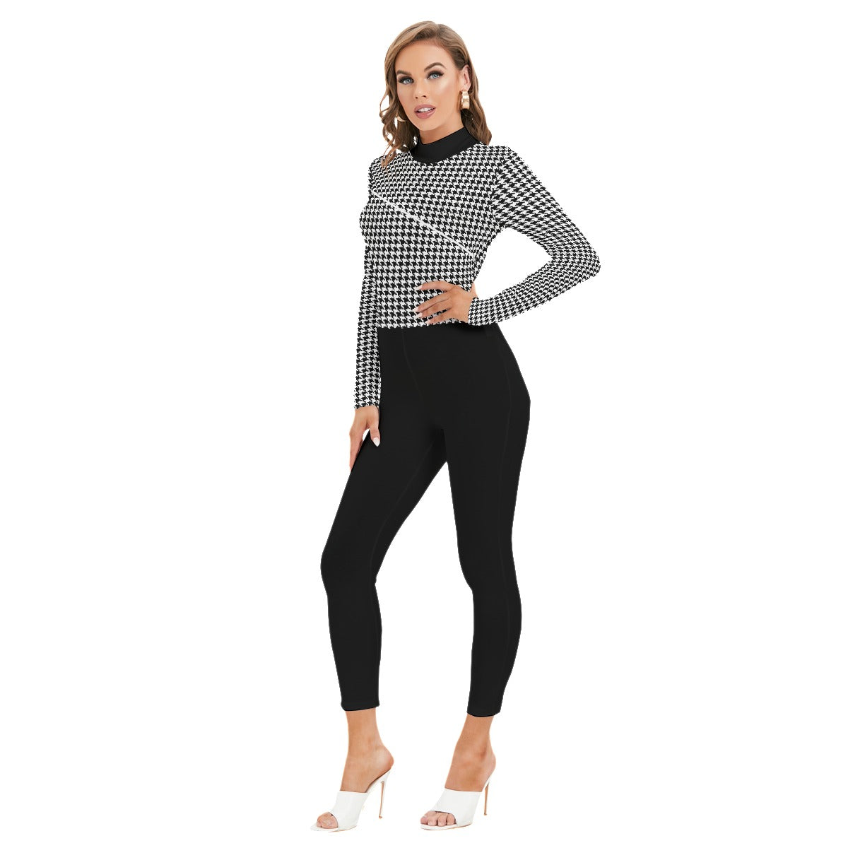 Checkerboard Women's Long-sleeved High-neck Jumpsuit With Zipper