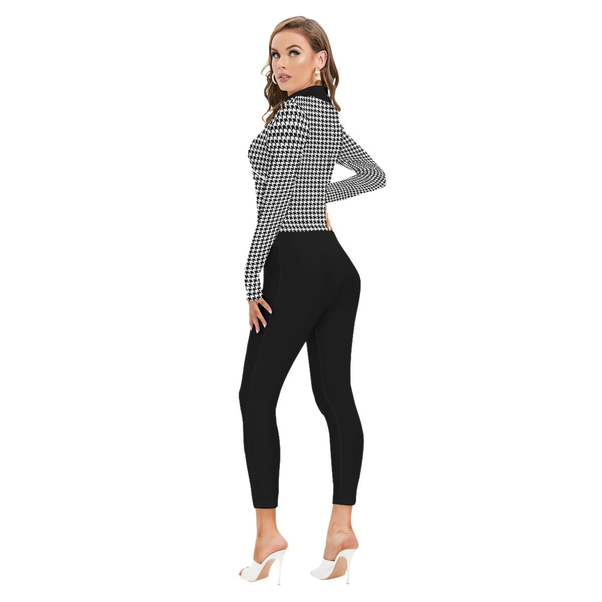 Checkerboard Women's Long-sleeved High-neck Jumpsuit With Zipper