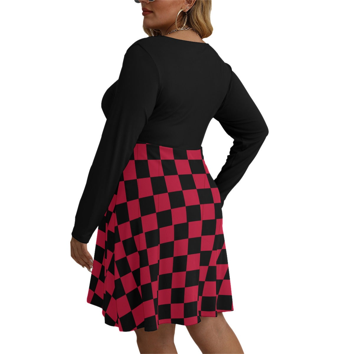 Checkerboard Women's V-neck Long Sleeve Dress(Plus Size)