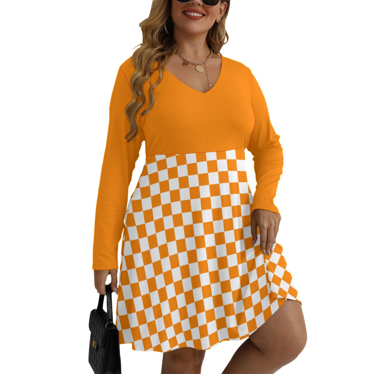Checkerboard Women's V-neck Long Sleeve Dress(Plus Size)