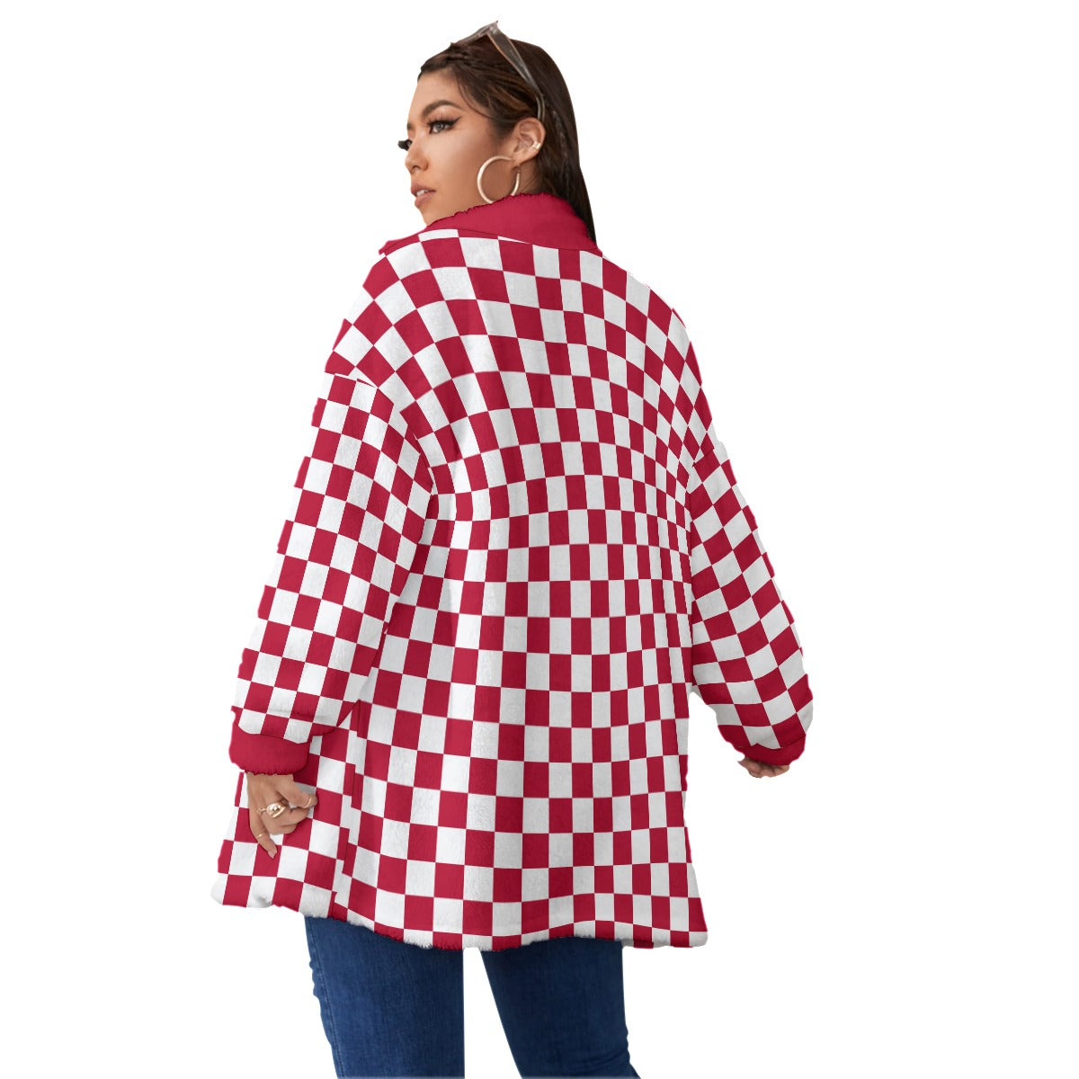 Checkerboard Borg Fleece Stand-up Collar Coat With Zipper Closure(Plus Size)