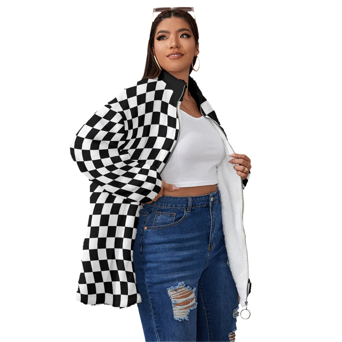 Checkerboard Women's Borg Fleece Stand-up Collar Coat With Zipper Closure(Plus Size)