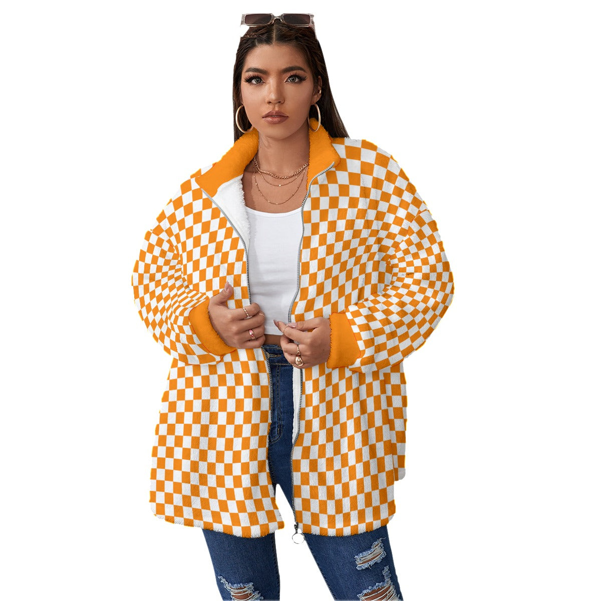 Checkerboard Borg Fleece Stand-up Collar Jacket With Zipper Closure(Plus Size)
