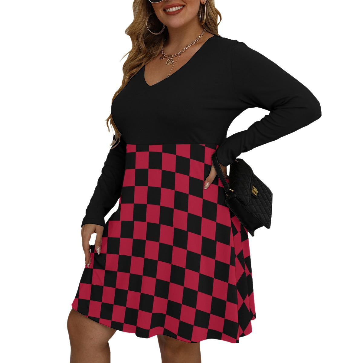 Checkerboard Women's V-neck Long Sleeve Dress(Plus Size)