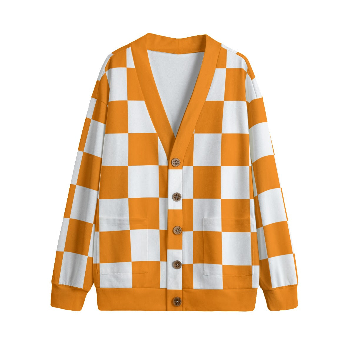 Checkerboard Unisex V-neck Knitted Fleece Cardigan