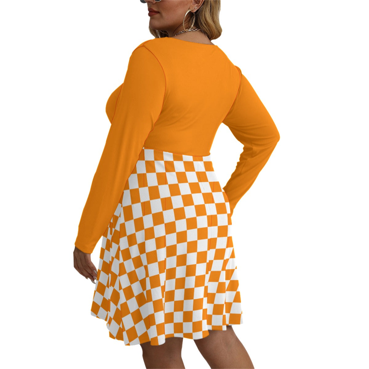 Checkerboard Women's V-neck Long Sleeve Dress(Plus Size)