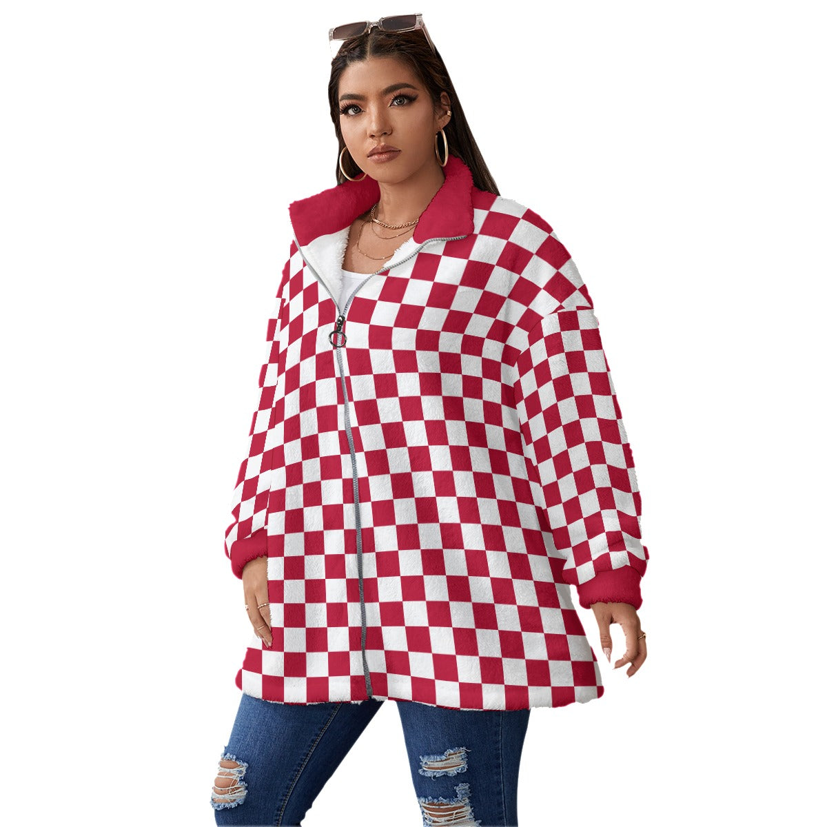 Checkerboard Borg Fleece Stand-up Collar Coat With Zipper Closure(Plus Size)