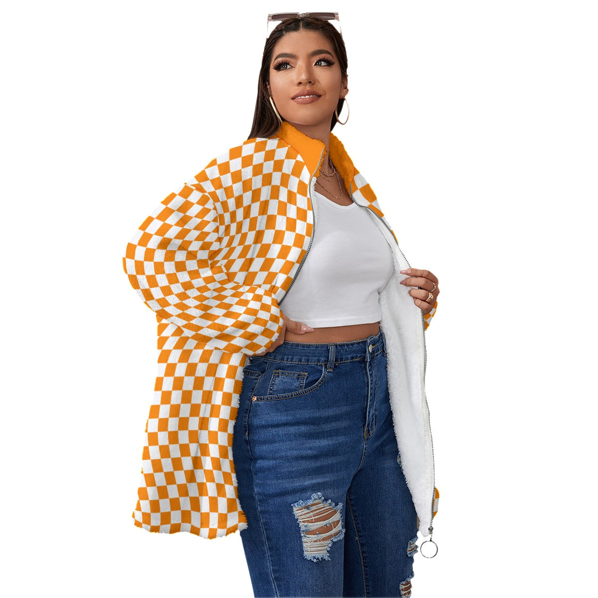 Checkerboard Borg Fleece Stand-up Collar Jacket With Zipper Closure(Plus Size)