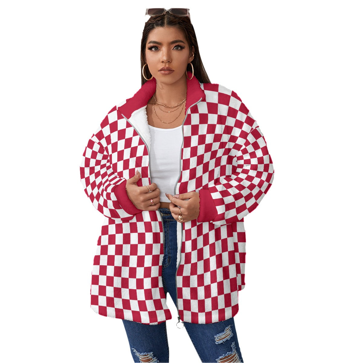 Checkerboard Borg Fleece Stand-up Collar Coat With Zipper Closure(Plus Size)