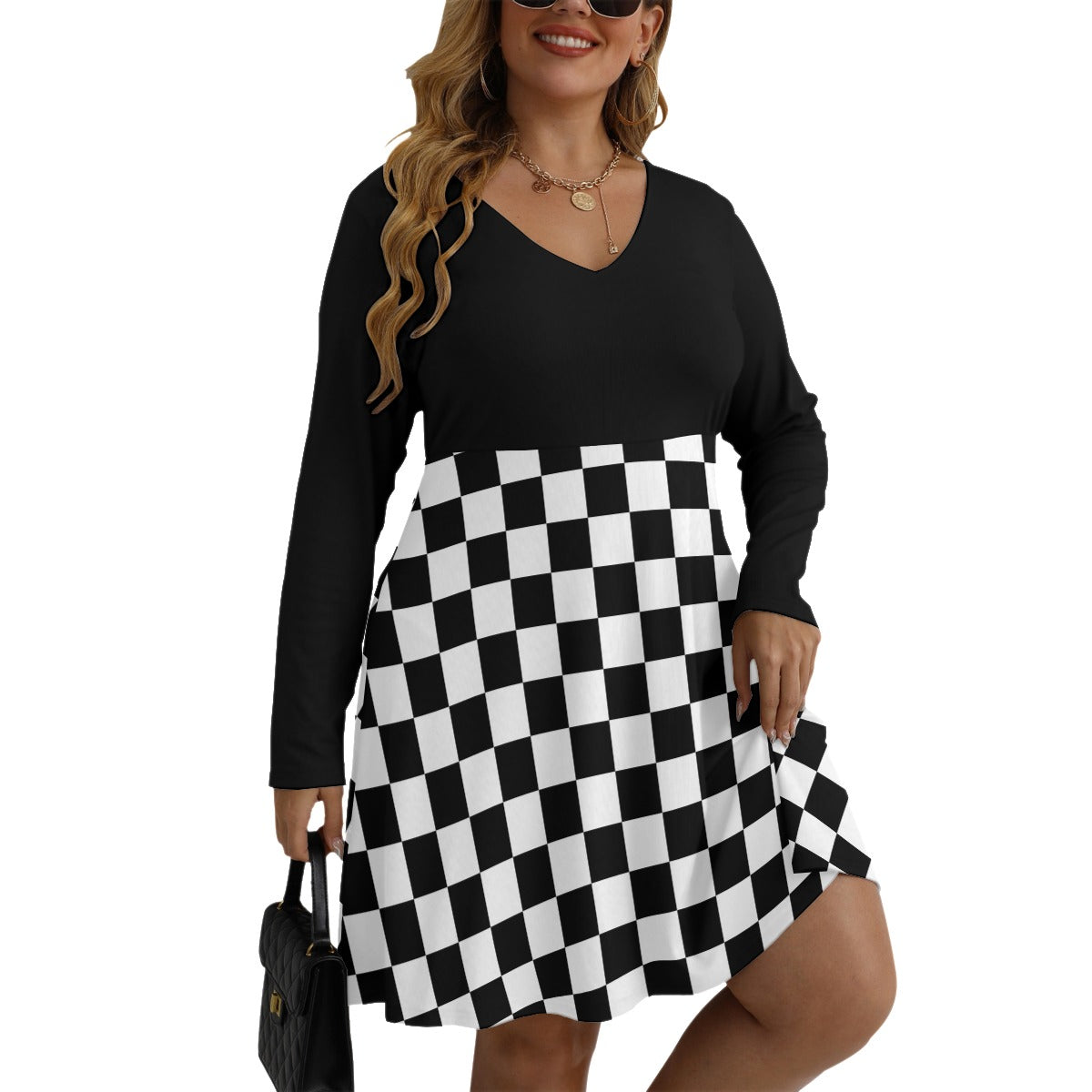 Checkerboard Women's V-neck Long Sleeve Dress(Plus Size)