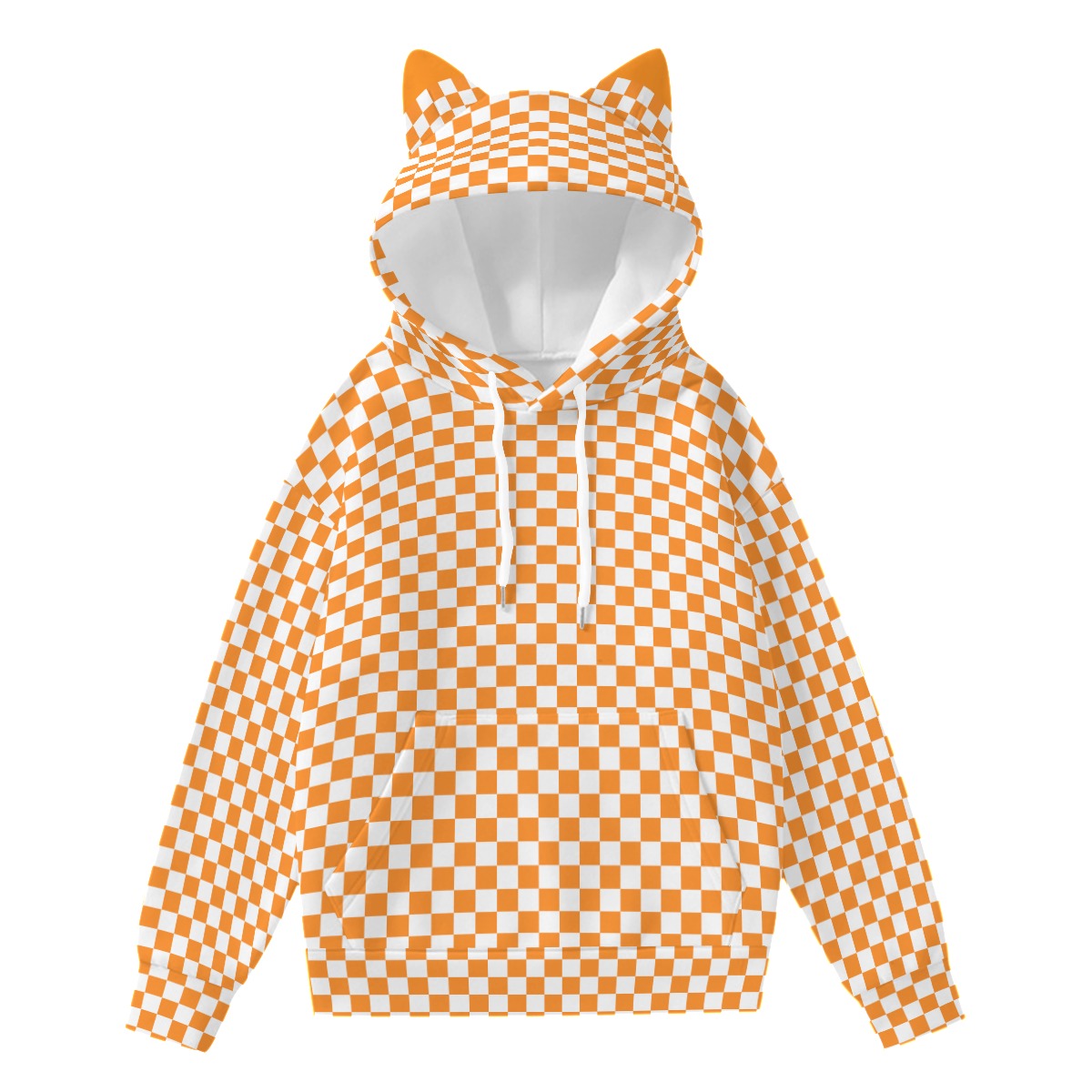 Checkerboard Women's Hoodie With Decorative Cat Ears