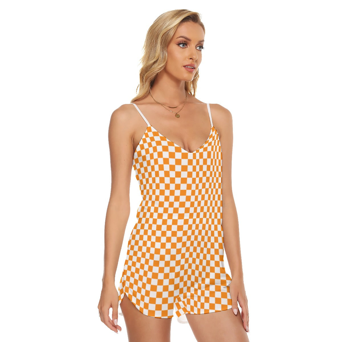Checkerboard V-neck Cami Romper